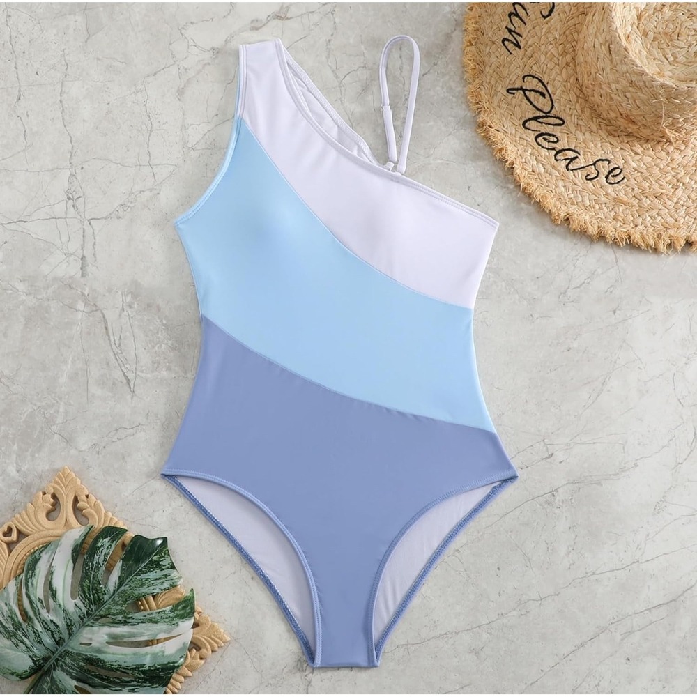 Unbranded One Piece Swimsuit Women Medium Blue Colorblock Excellent Asymmetrical
